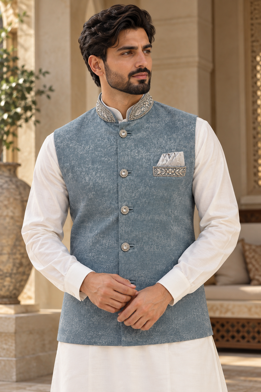 Blue Textured Men's Indian Nehru Jacket Waistcoat