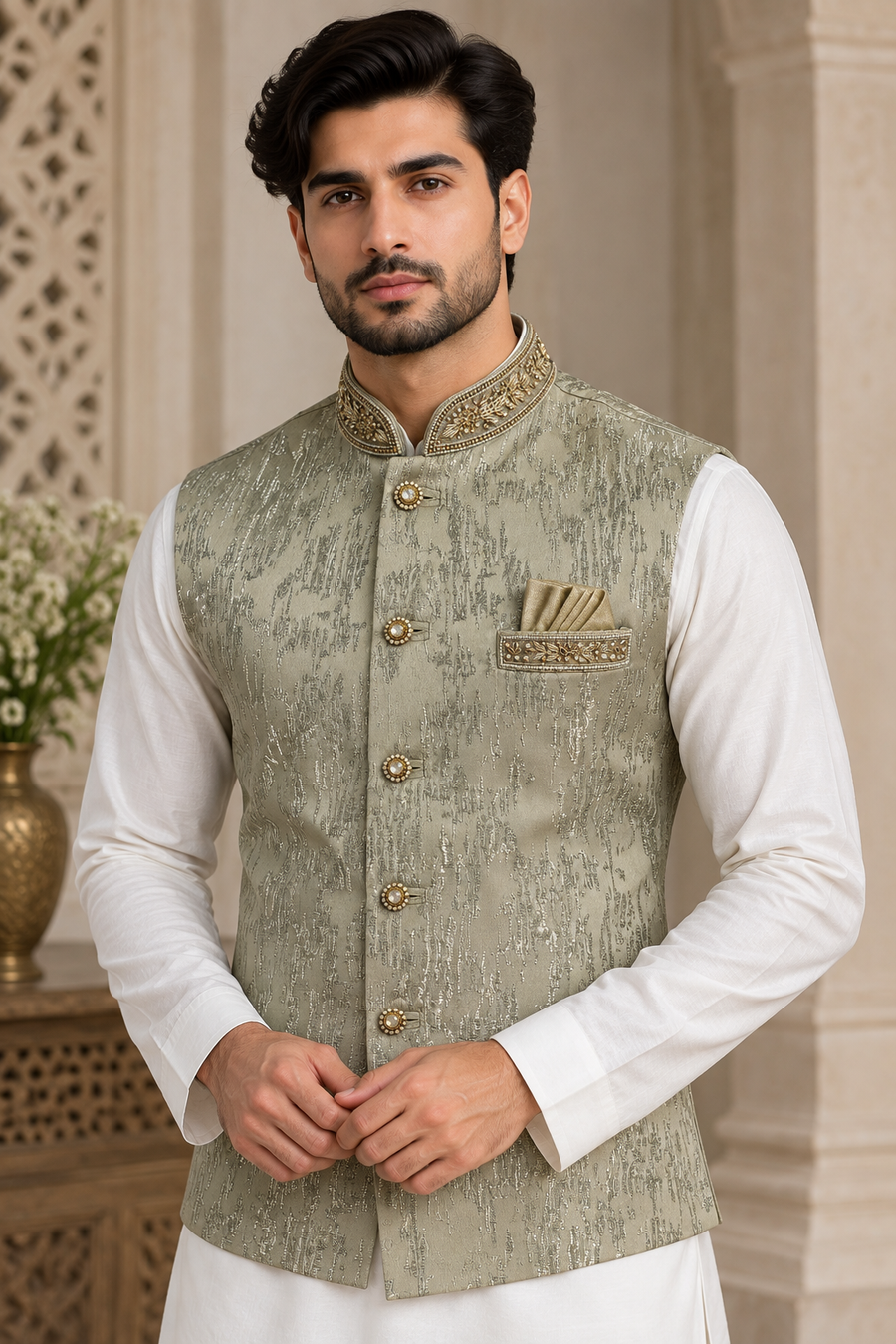 Men’s Olive Green Embellished Nehru Jacket – Indian Wedding Waistcoat