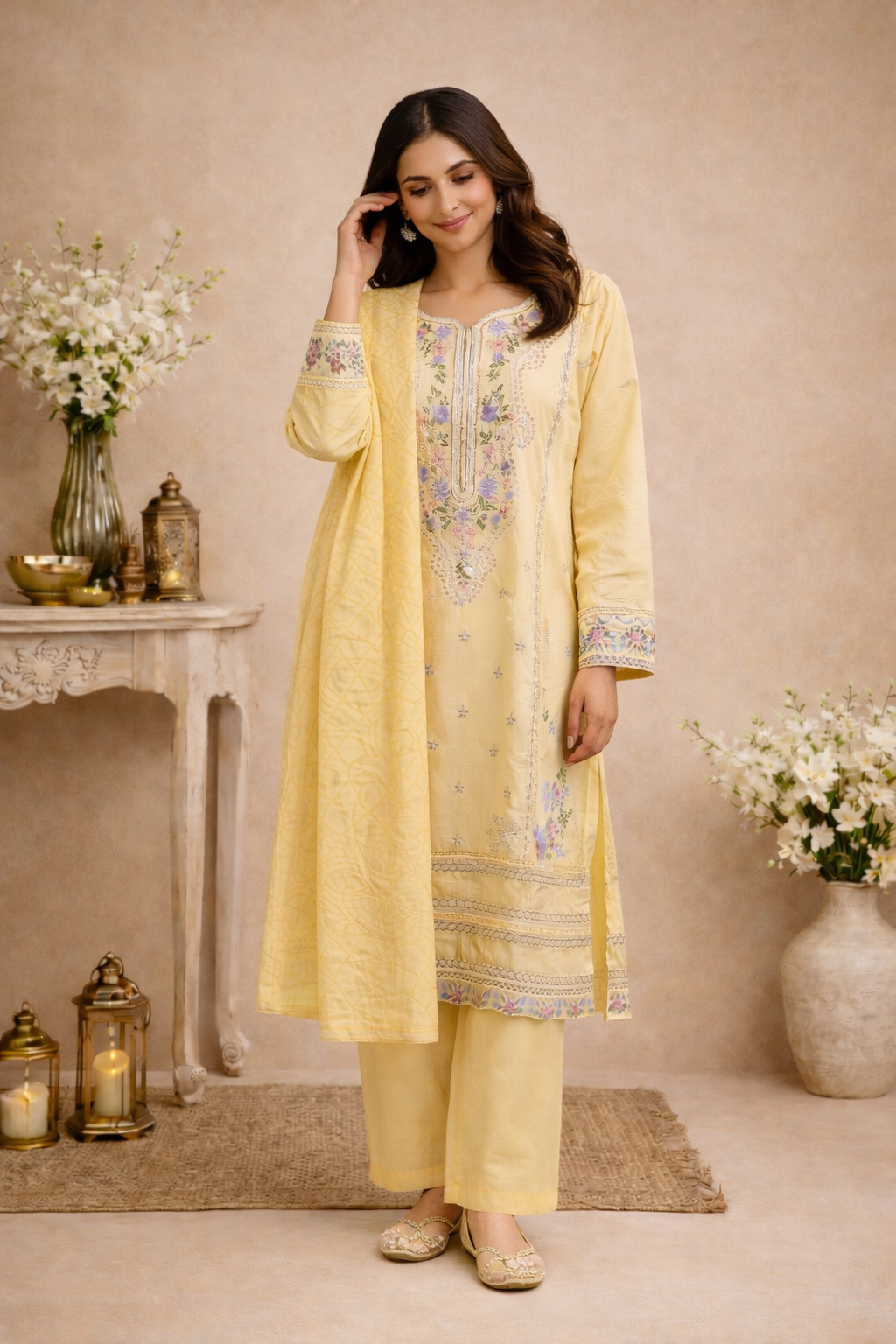 Ladies Yellow Palazzo Pakistani Suit Full View
