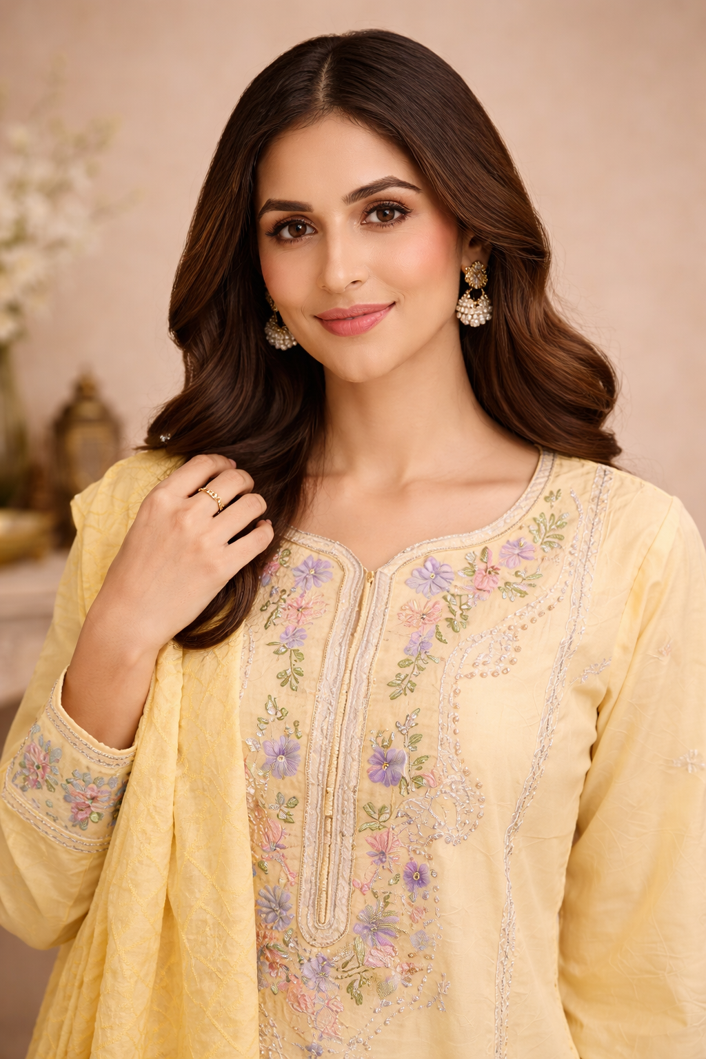 Ladies Yellow Palazzo Pakistani Suit Close View