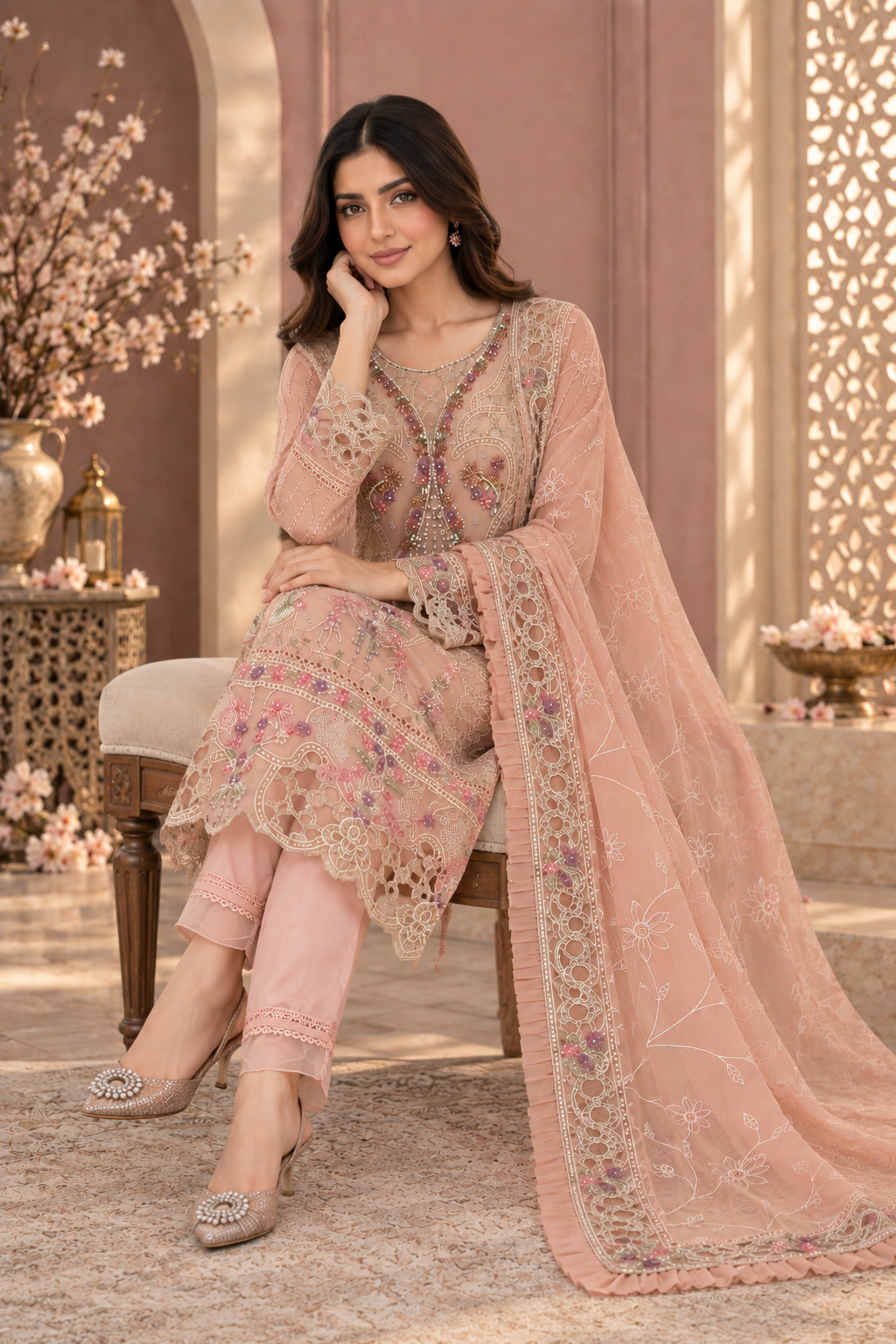 Baby Pink Embroidered Chiffon Pakistani Suit for Women