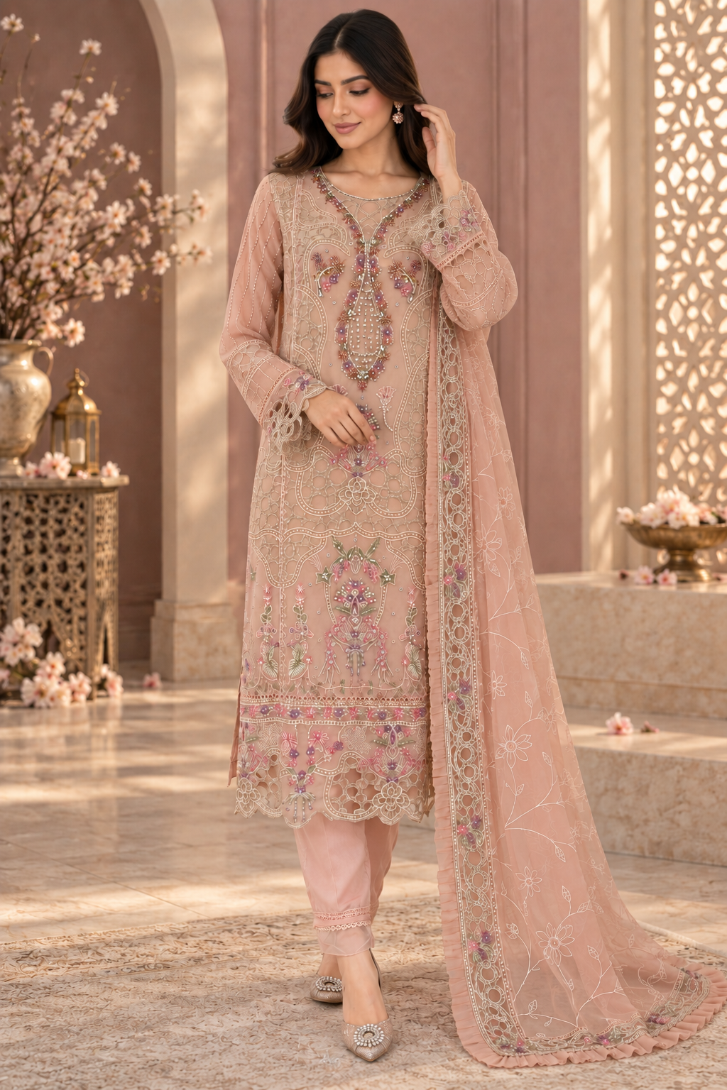 Baby Pink Embroidered Chiffon Pakistani Suit for Women