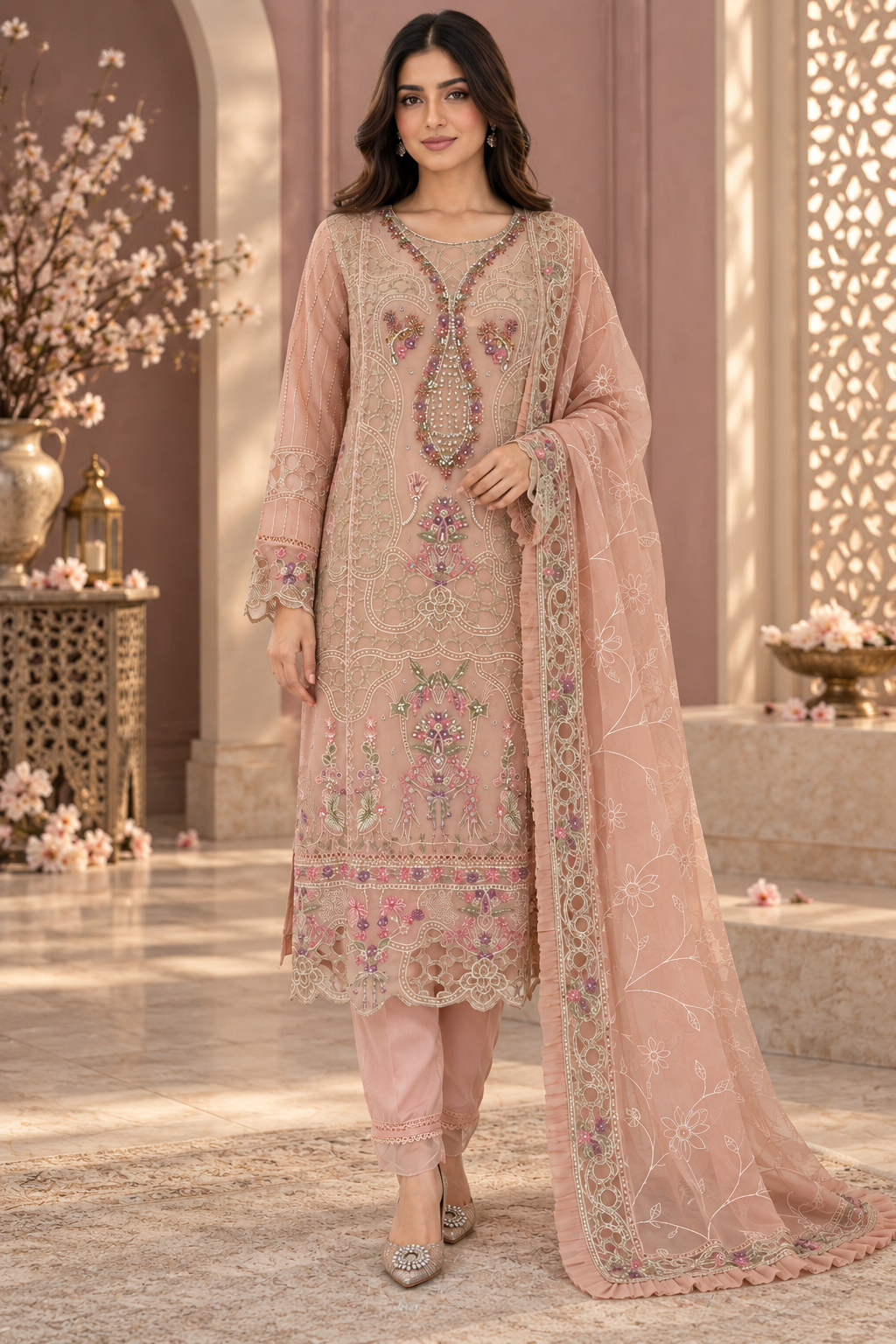 Baby Pink Embroidered Chiffon Pakistani Suit for Women