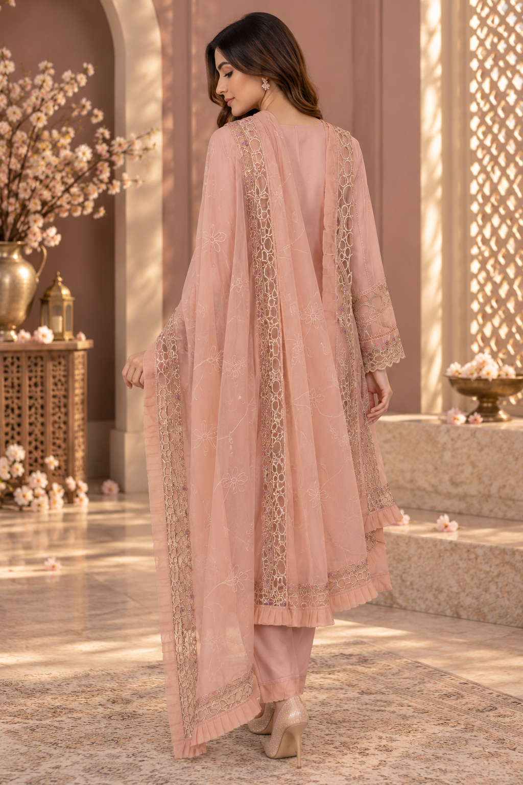 Baby Pink Embroidered Chiffon Pakistani Suit for Women