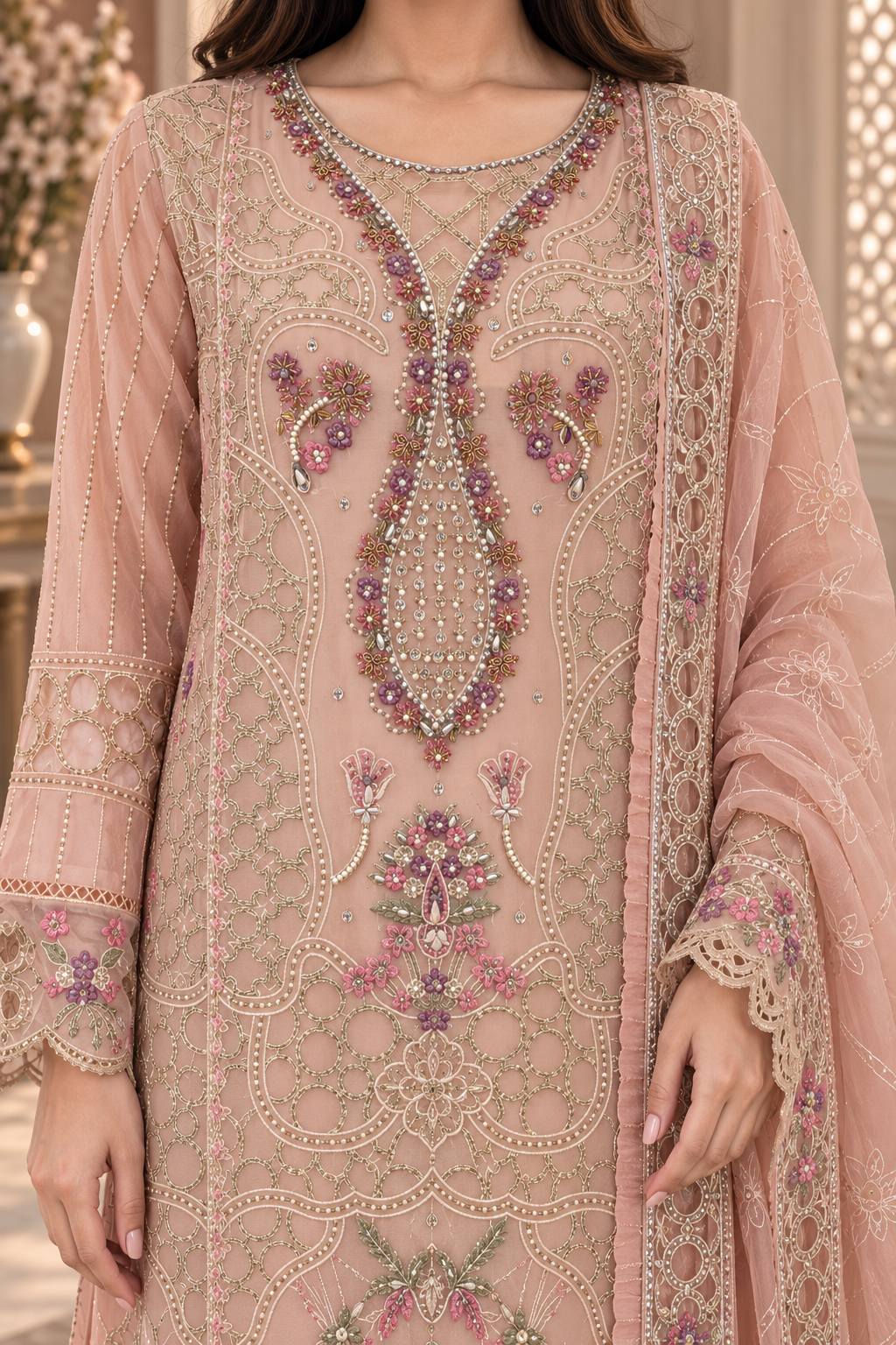Baby Pink Embroidered Chiffon Pakistani Suit for Women