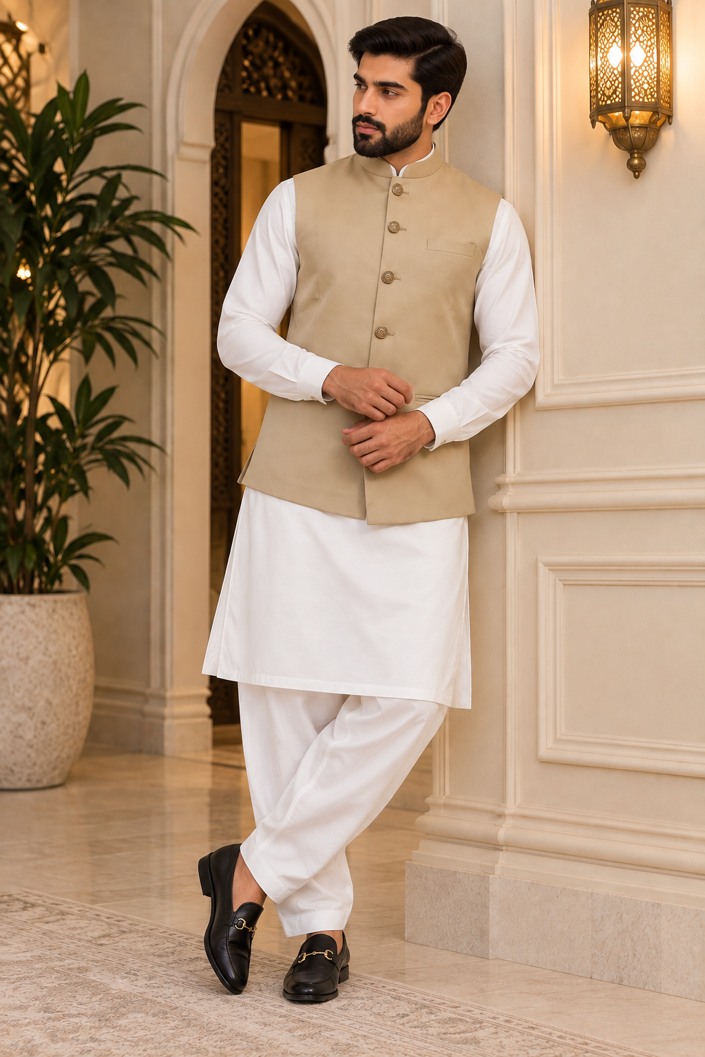 Beige Men’s Indian Nehru Jacket | Plain Wedding Waistcoat
