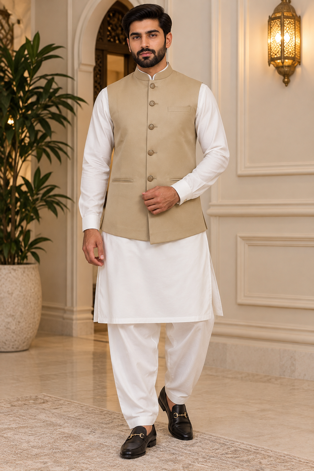 Beige Men’s Indian Nehru Jacket | Plain Wedding Waistcoat