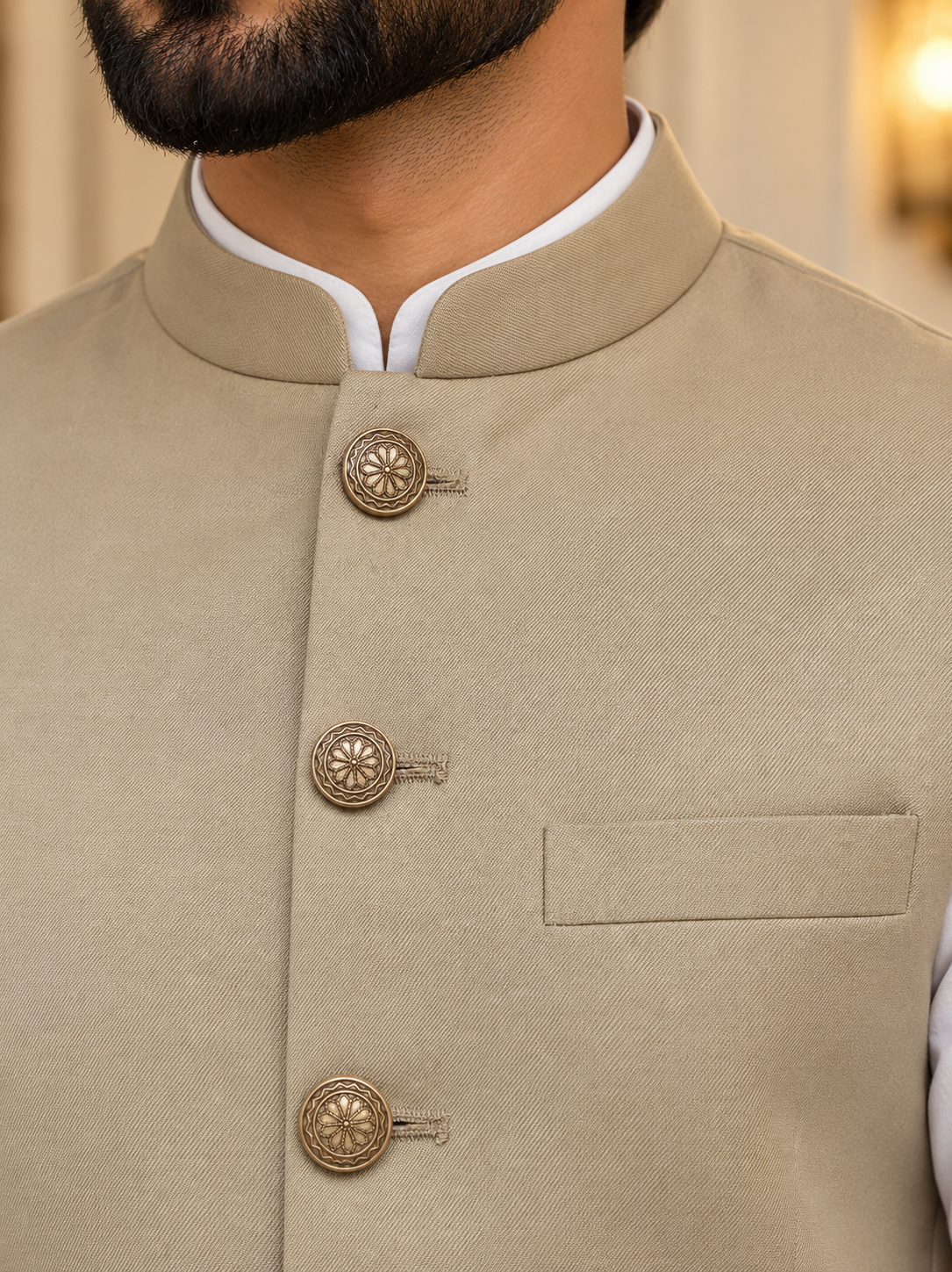 Beige Men’s Indian Nehru Jacket | Plain Wedding Waistcoat