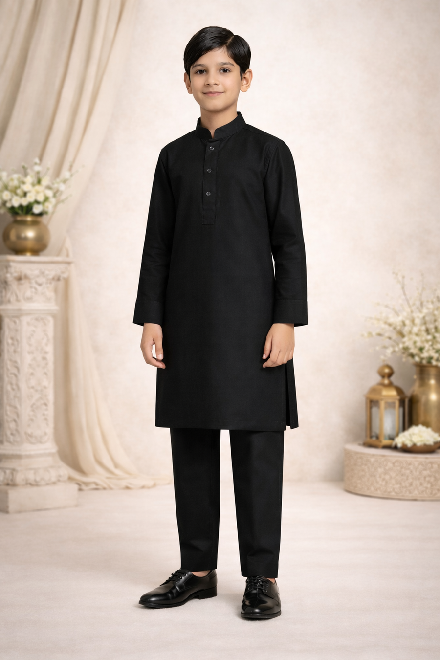 Black Boys Plain Kurta Pajama - Shiny Raw Silk