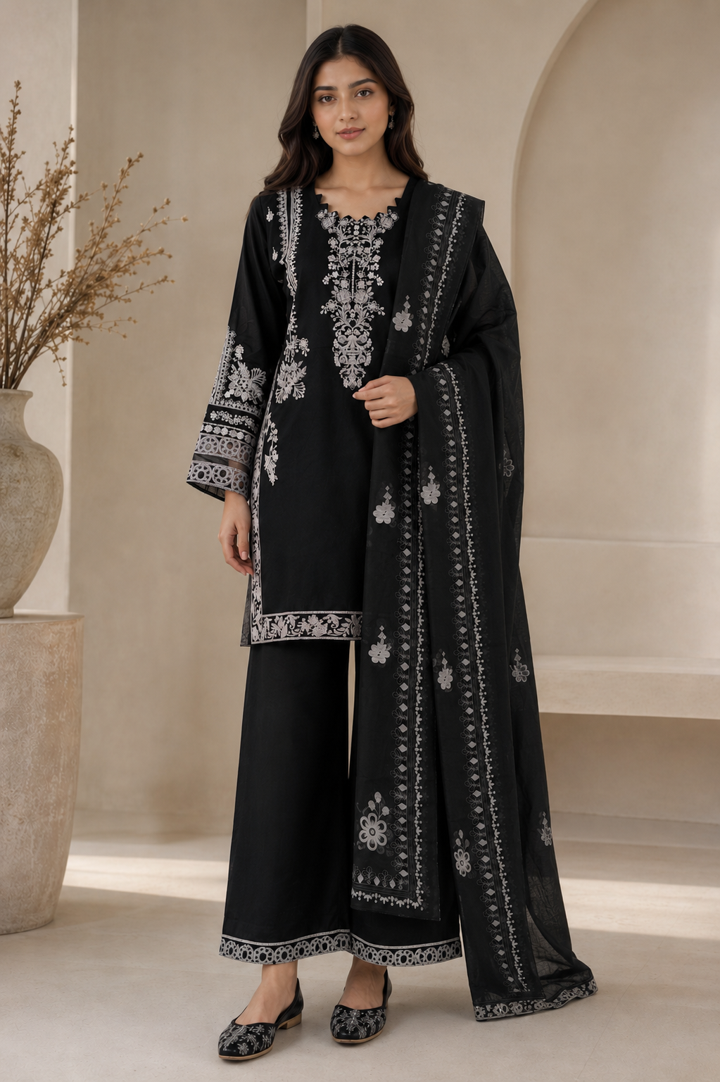 Black Embroidered Pakistani Premium Cotton Palazzo Suit