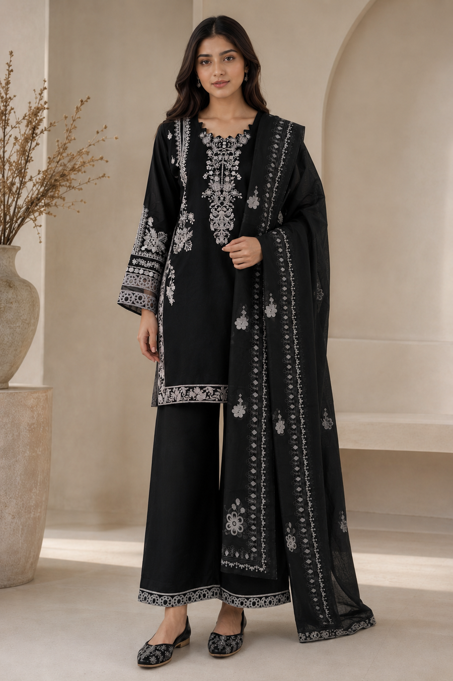 Black Embroidered Pakistani Premium Cotton Palazzo Suit