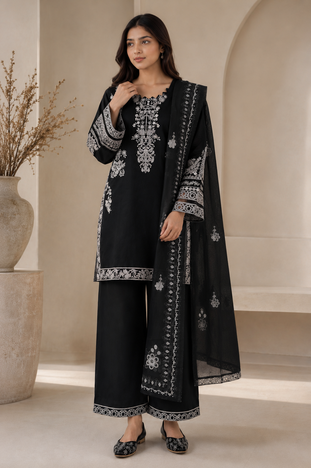 Black Embroidered Pakistani Premium Cotton Palazzo Suit