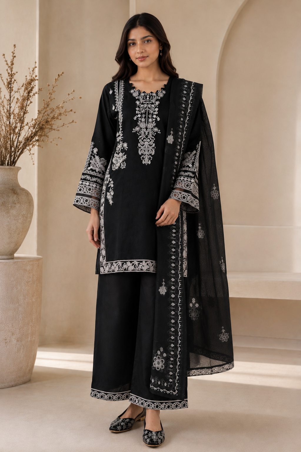 Black Embroidered Pakistani Premium Cotton Palazzo Suit
