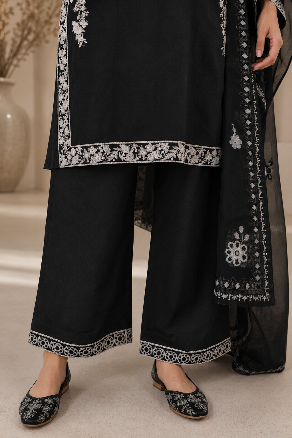 Black Embroidered Pakistani Premium Cotton Palazzo Suit