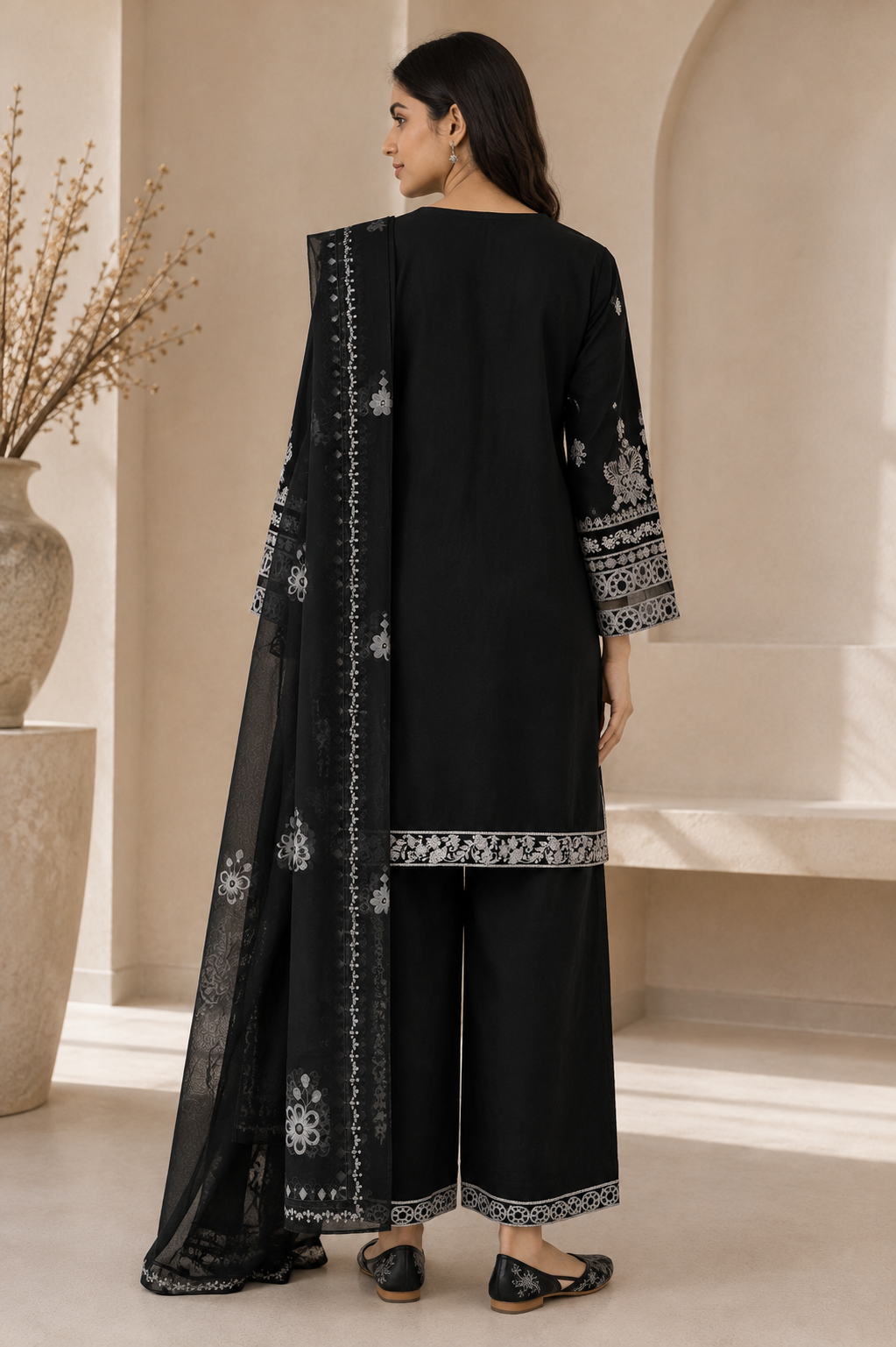 Black Embroidered Pakistani Premium Cotton Palazzo Suit