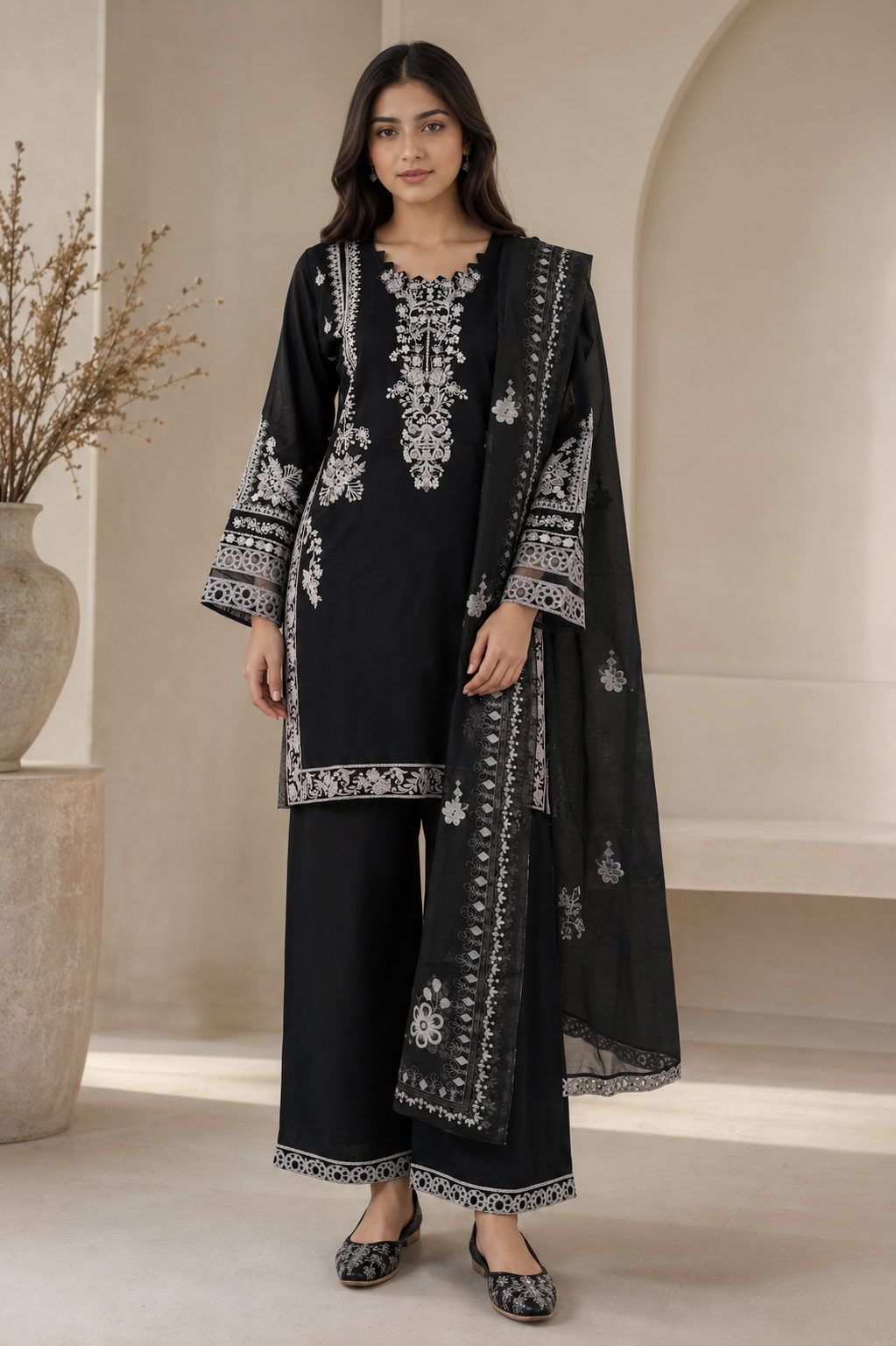 Black Embroidered Pakistani Premium Cotton Palazzo Suit