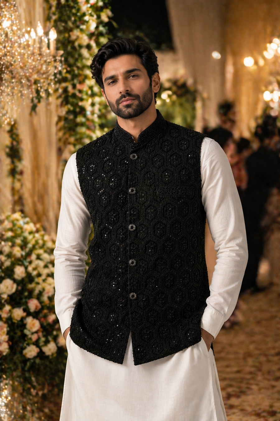 Men’s Black Sequin Embroidered Nehru Jacket – Indian Wedding Waistcoat UK