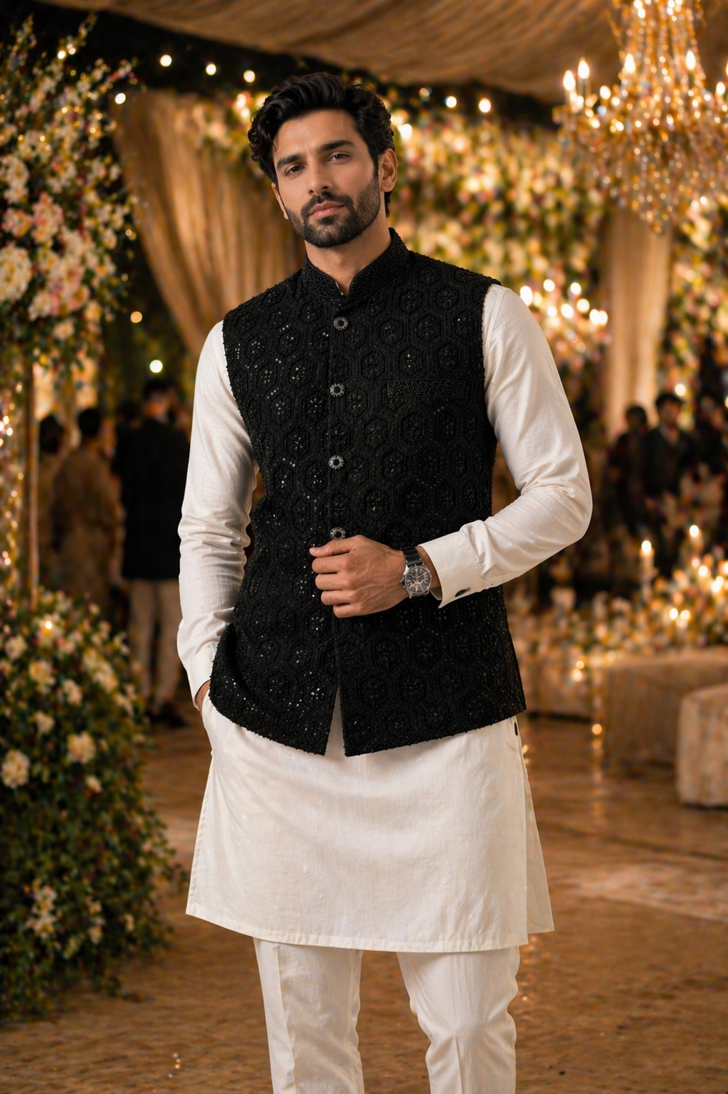 Men’s black sequin embroidered Nehru jacket Indian wedding waistcoat UK Full View