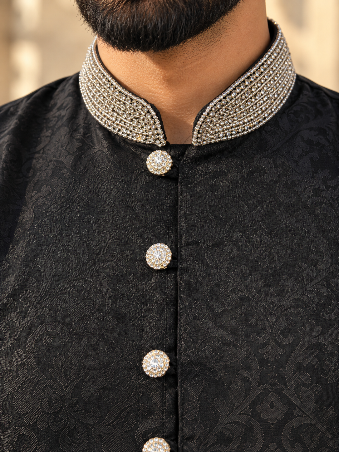 Men’s Black Jacquard Kurta Pajama with Diamante Collar
