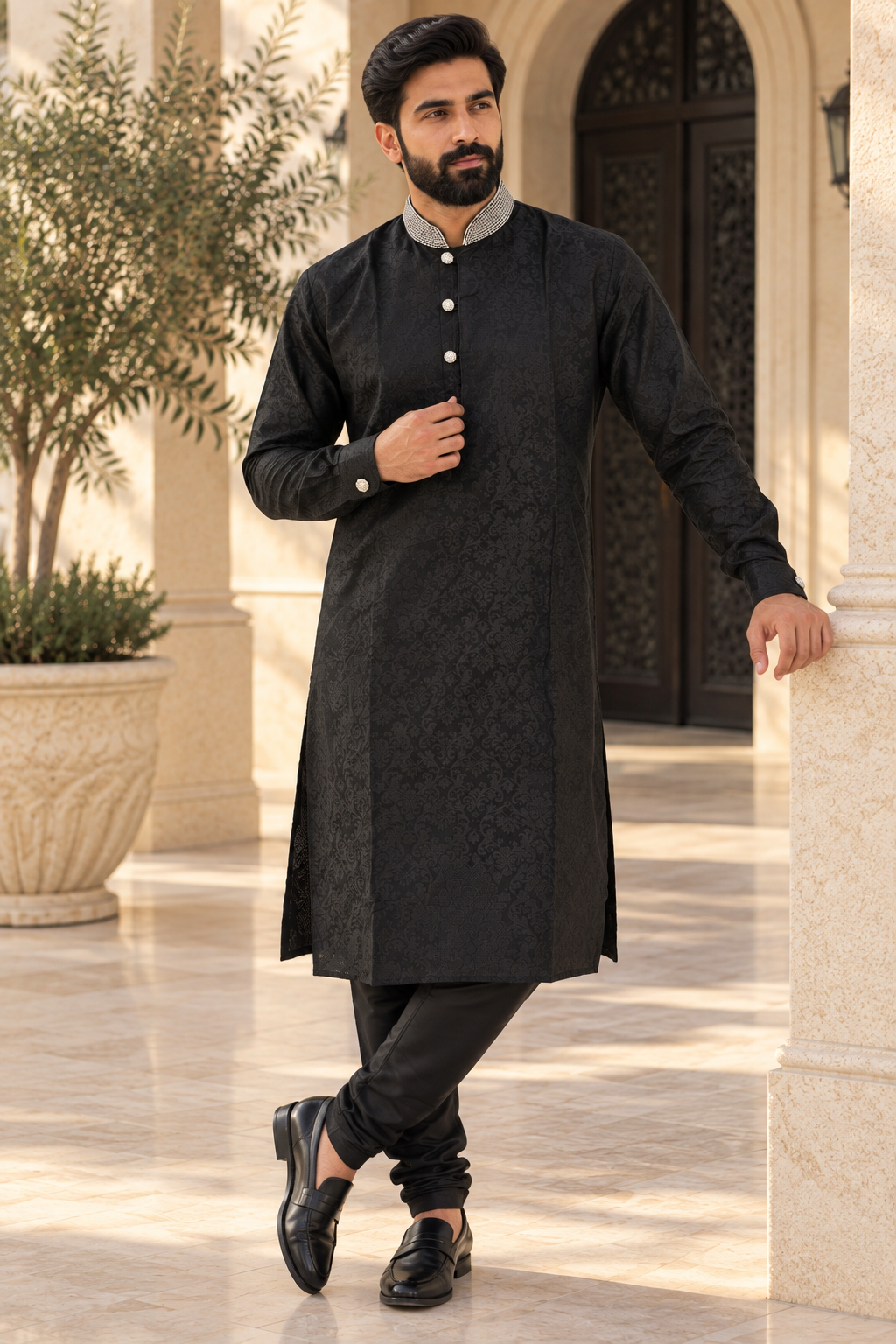 Men’s Black Jacquard Kurta Pajama with Diamante Collar
