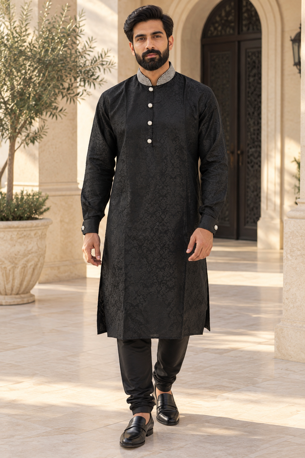 Men’s Black Jacquard Kurta Pajama with Diamante Collar