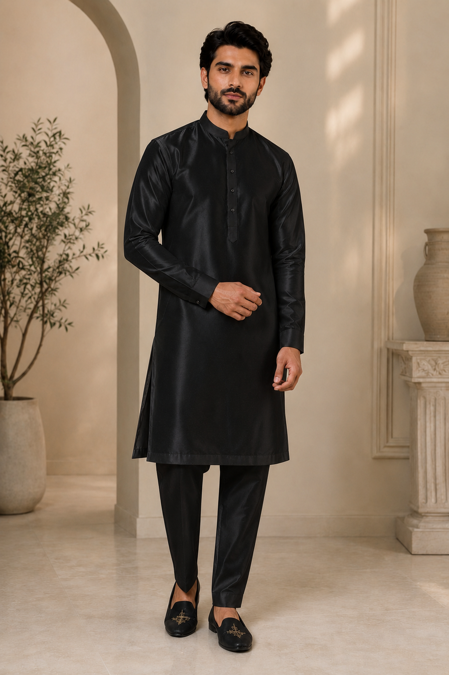 Men’s Black Dupion Silk Kurta Pajama | Indian Traditional Outfit UK