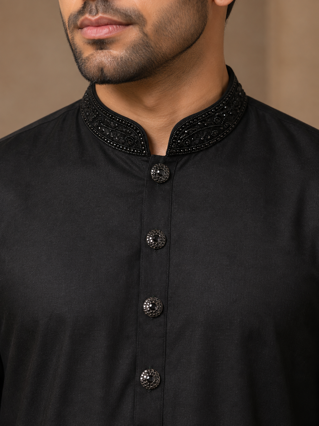 Black mens kurta pajama standing close view 