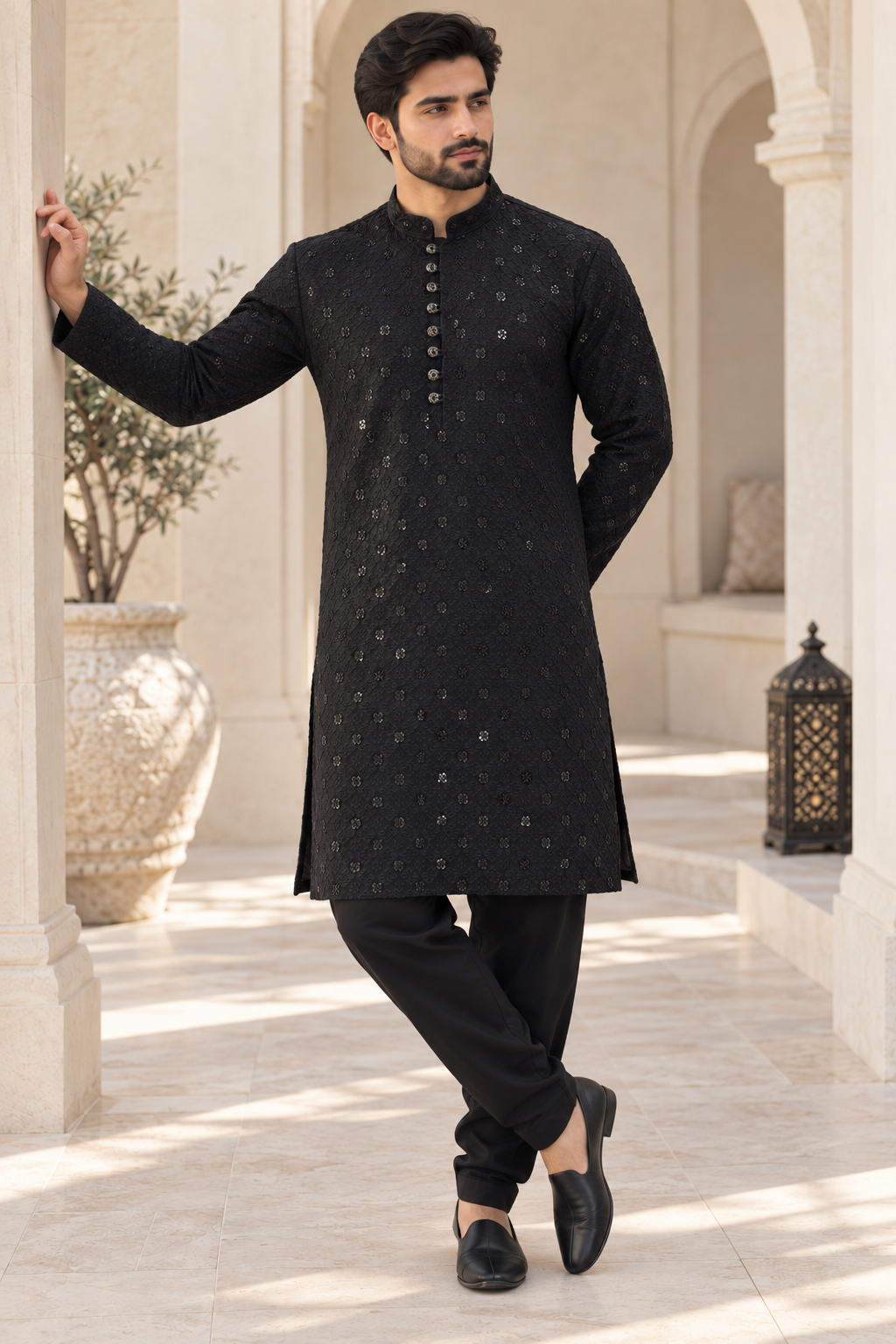 Men’s Black Chikankari Kurta Pajama with Embroidery & Sequin Detail