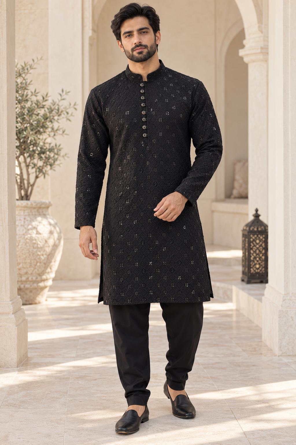 Men’s Black Chikankari Kurta Pajama with Embroidery & Sequin Detail