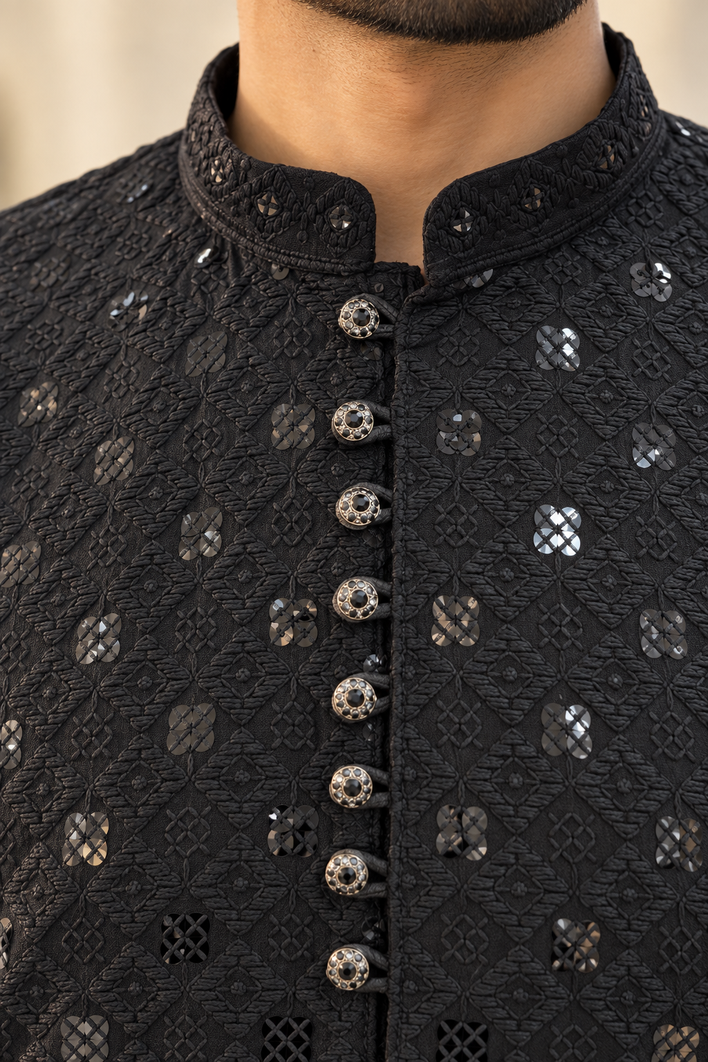 Men’s Black Chikankari Kurta Pajama with Embroidery & Sequin Detail