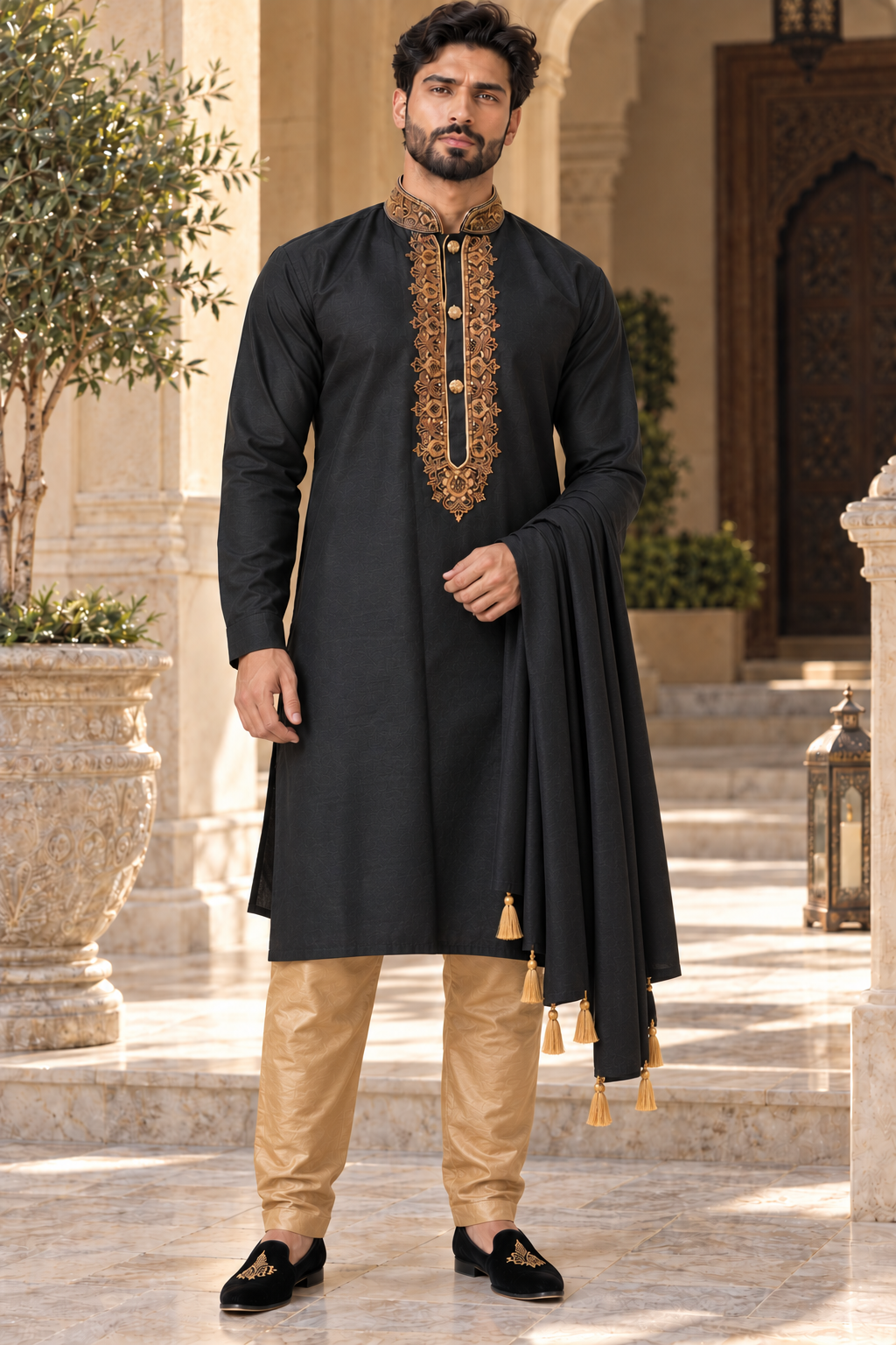 Men’s Black Dupion Kurta Pajama with Gold Embroidery & Scarf