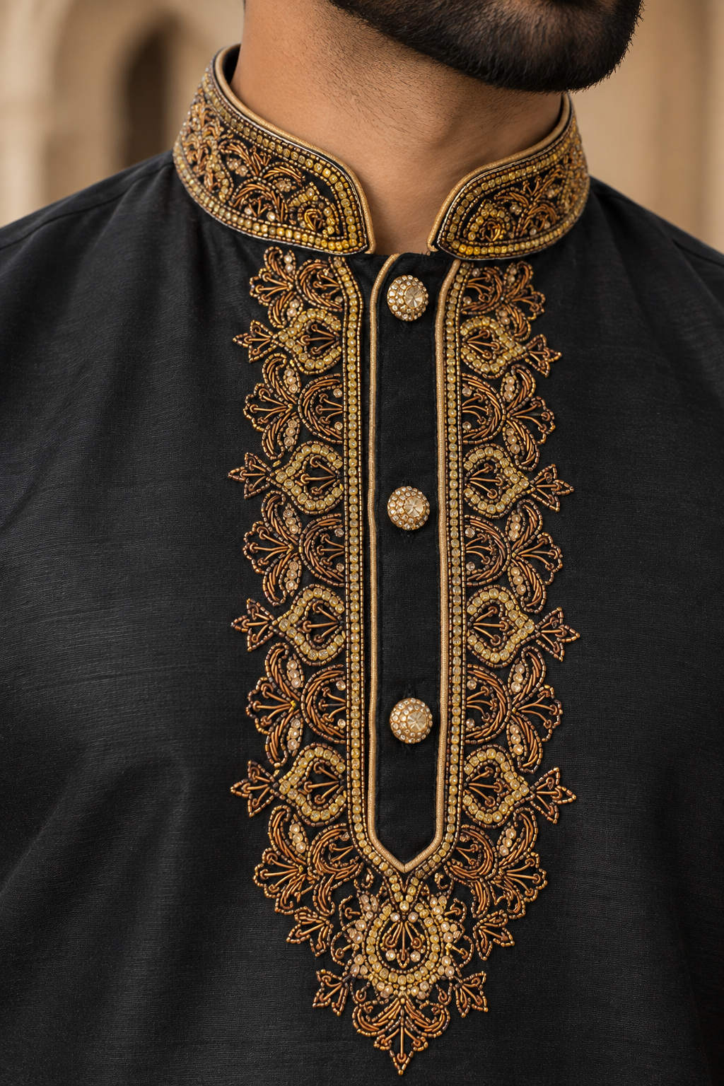 Men’s Black Dupion Kurta Pajama with Gold Embroidery & Scarf