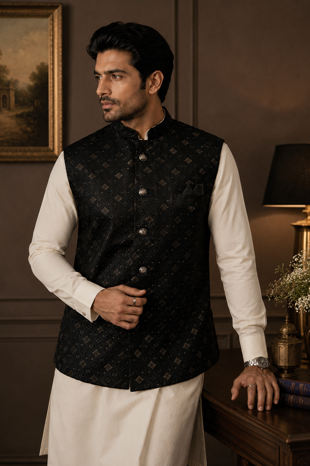 Men's Black Indian Nehru Jacket Thread Embroidered