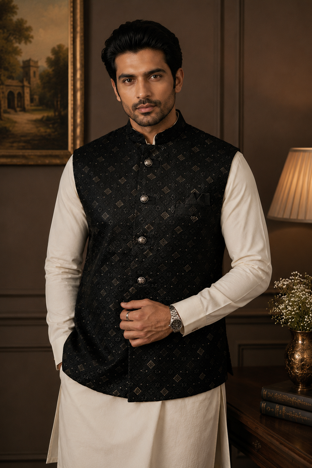 Men's Black Indian Nehru Jacket Thread Embroidered