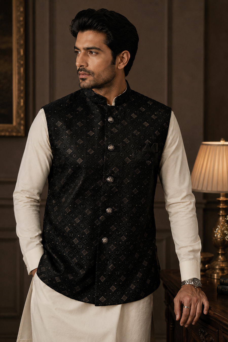 Men's Black Indian Nehru Jacket Thread Embroidered