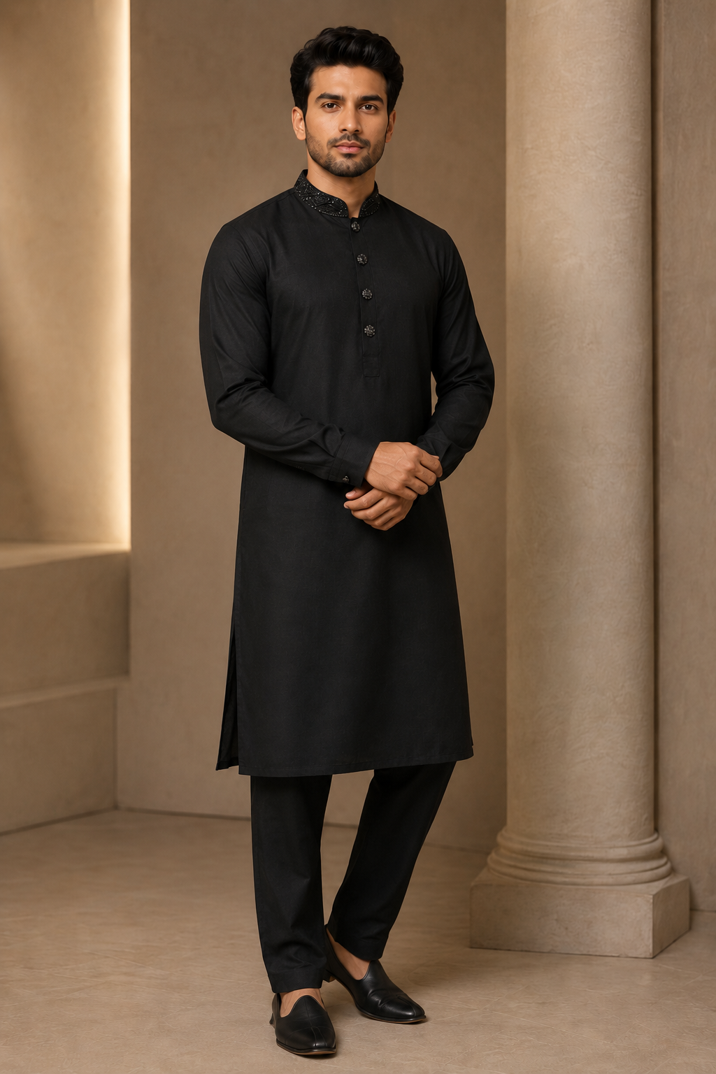Black mens kurta pajama standing full view 