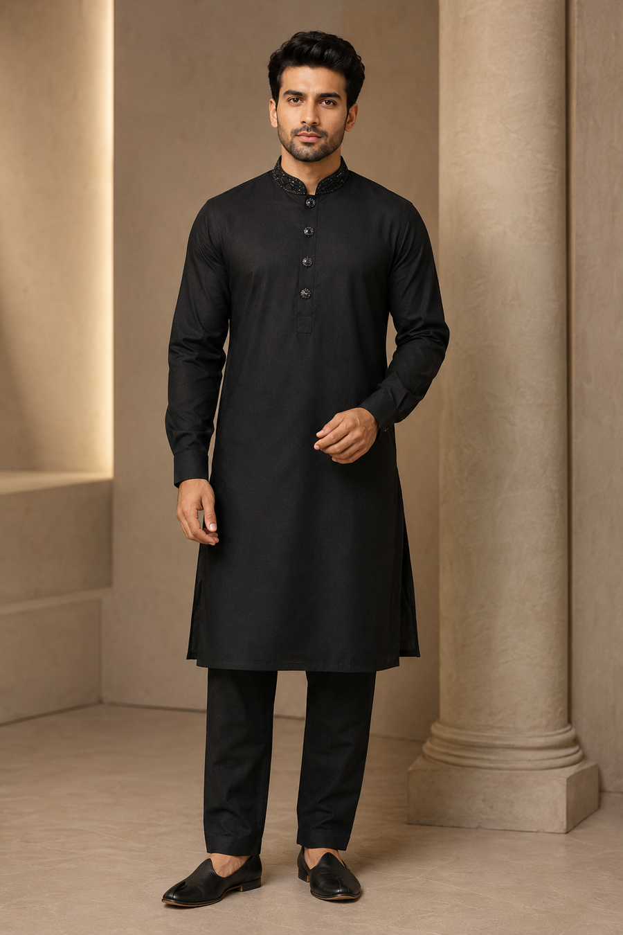 Men’s Black Embellished Kurta Pajama | Wedding & Eid Wear UK