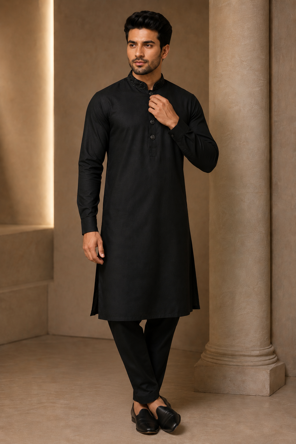 Black mens kurta pajama standing full view 