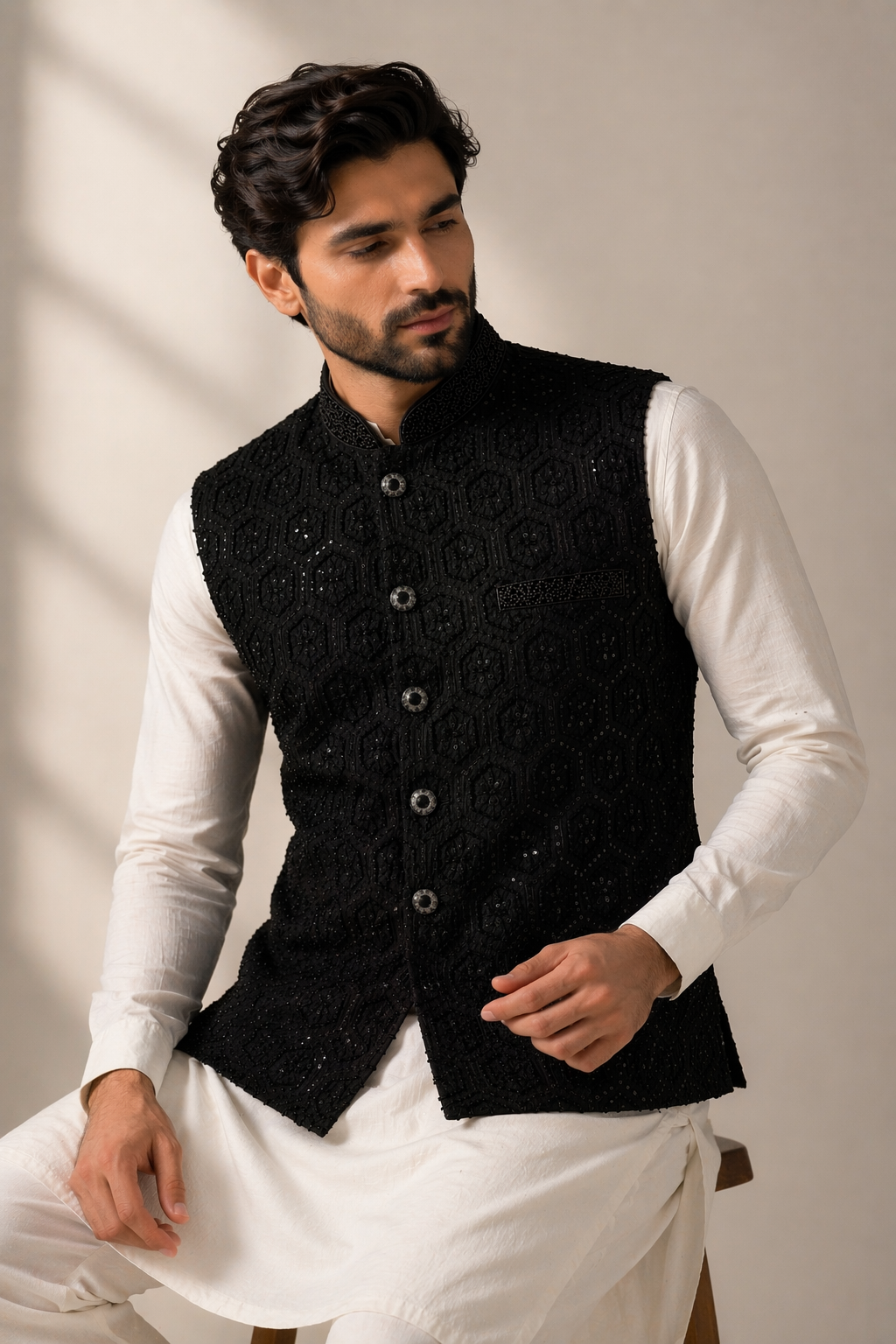 Men’s black sequin embroidered Nehru jacket Indian wedding waistcoat UK