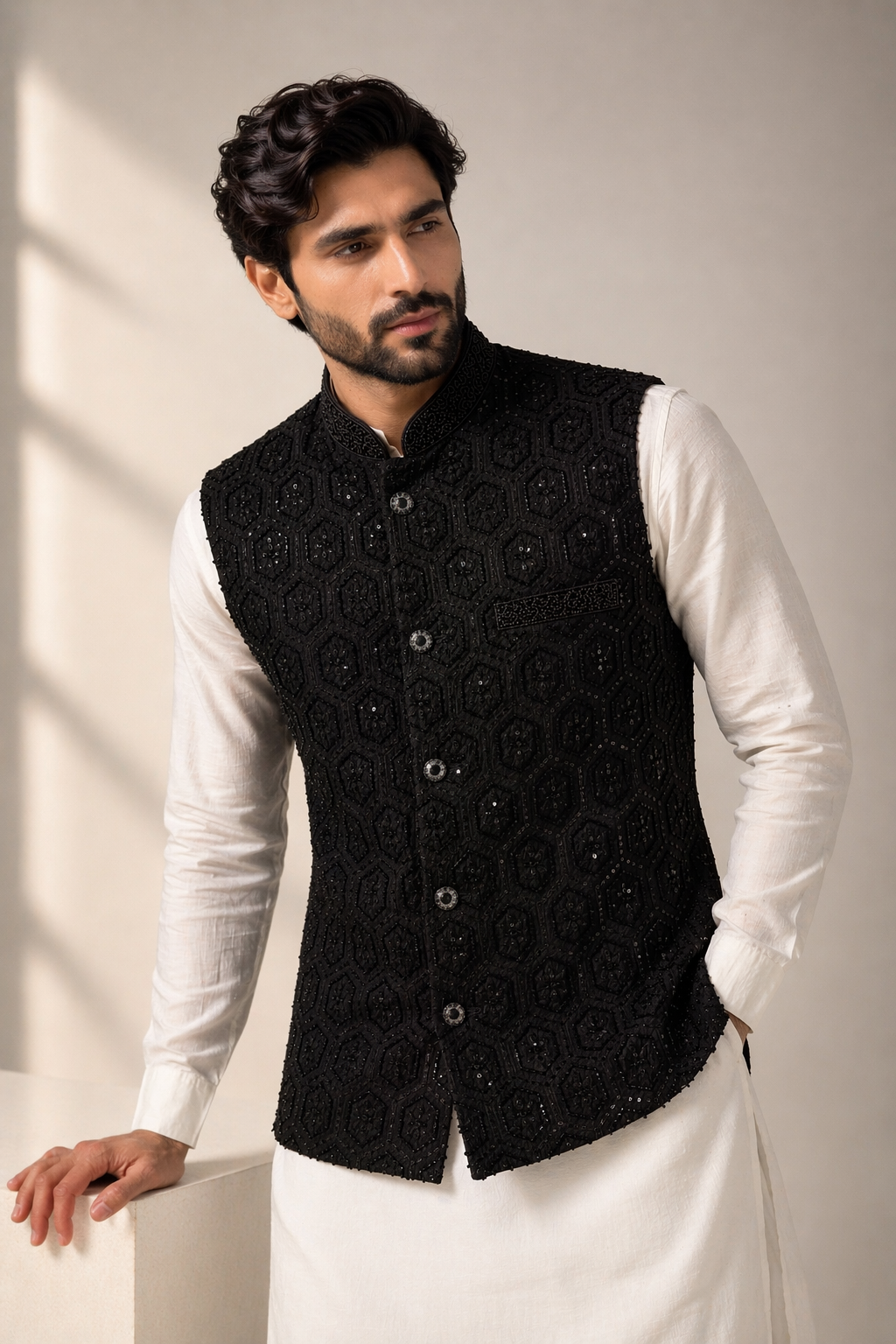 Men’s black sequin embroidered Nehru jacket Indian wedding waistcoat UK