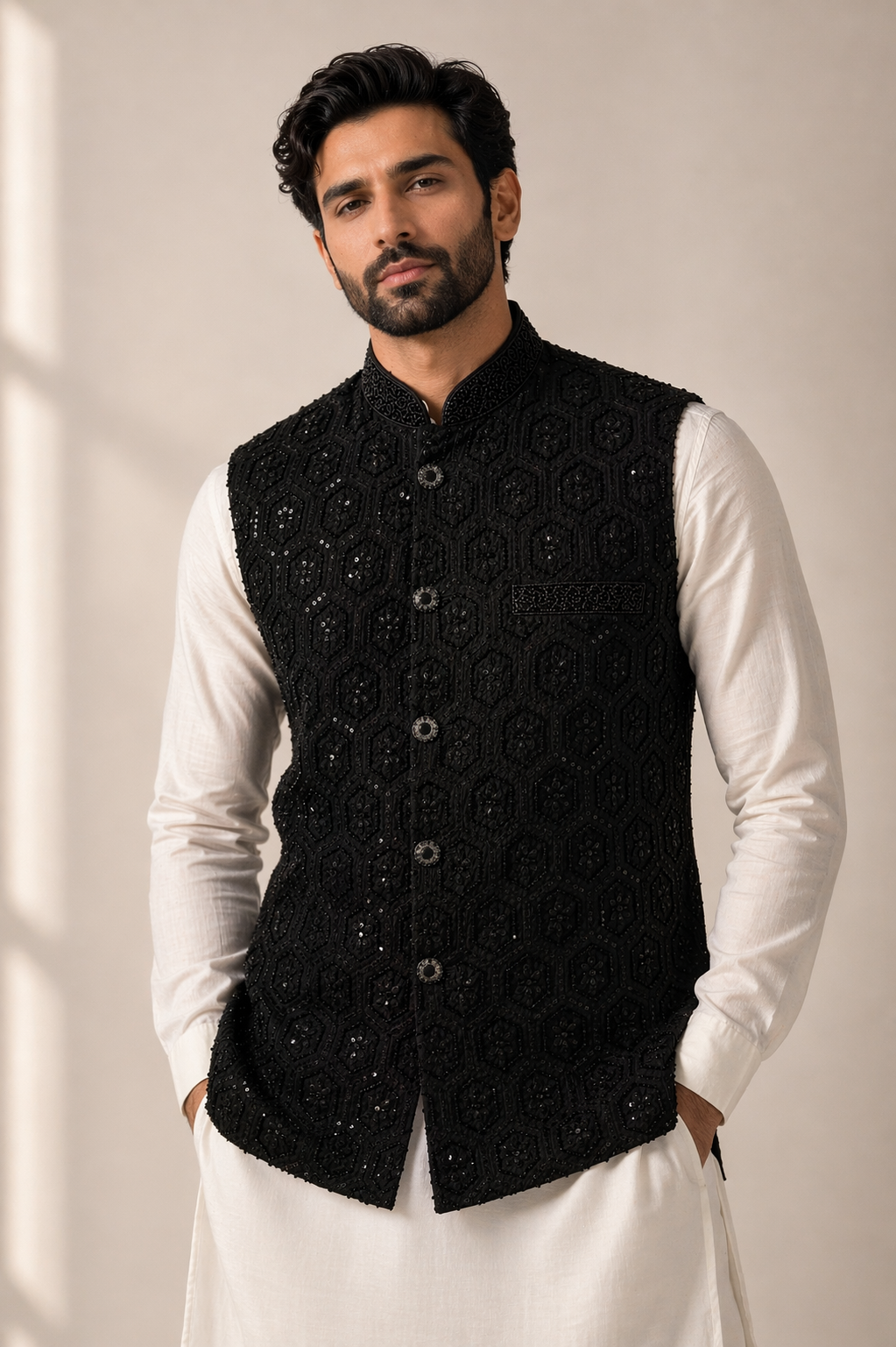 Men’s black sequin embroidered Nehru jacket Indian wedding waistcoat UK Full View