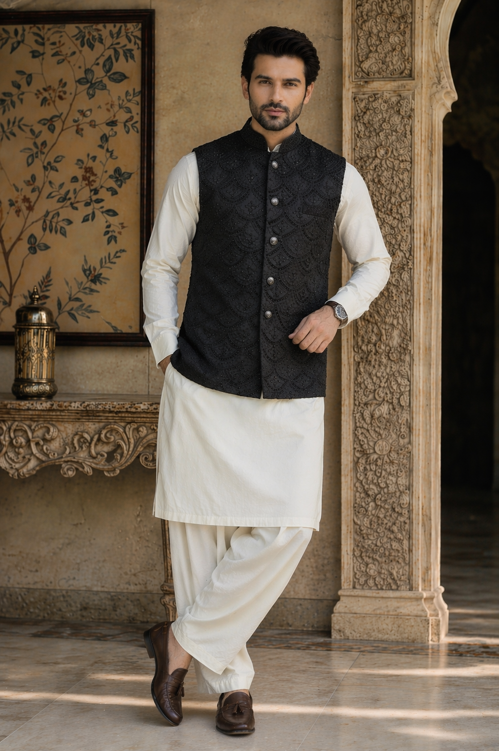 Men’s black sequin embroidered Nehru jacket Indian wedding waistcoat UK