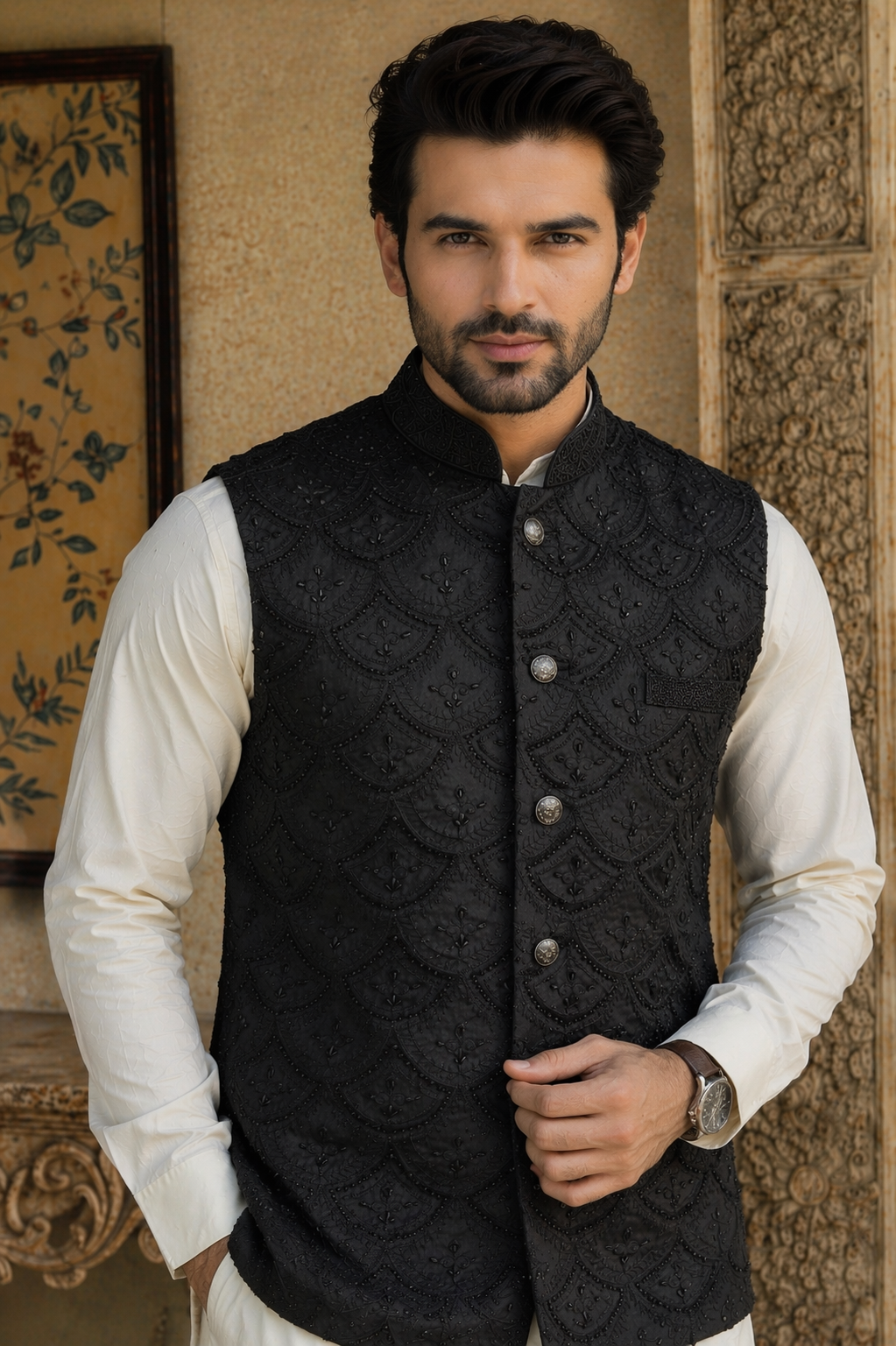 Men’s black sequin embroidered Nehru jacket Indian wedding waistcoat UK
