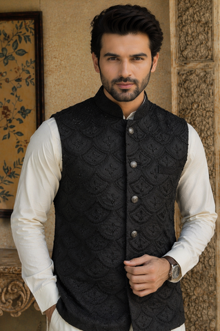 Men’s black sequin embroidered Nehru jacket Indian wedding waistcoat UK