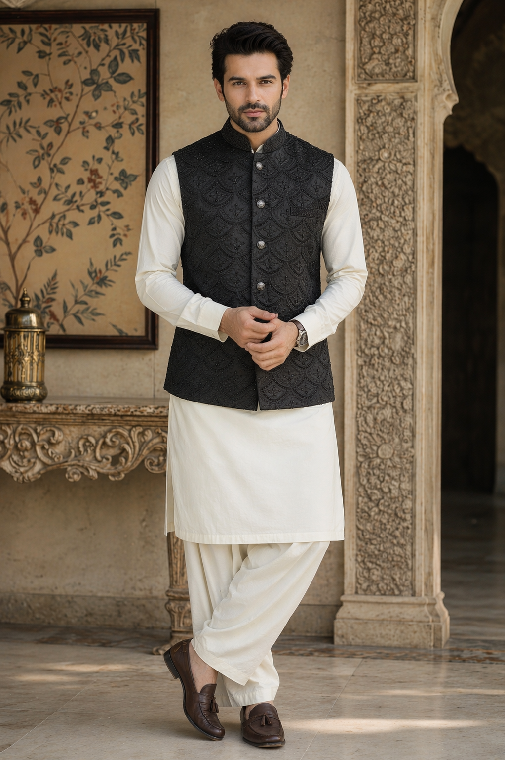 Men’s black sequin embroidered Nehru jacket Indian wedding waistcoat UK