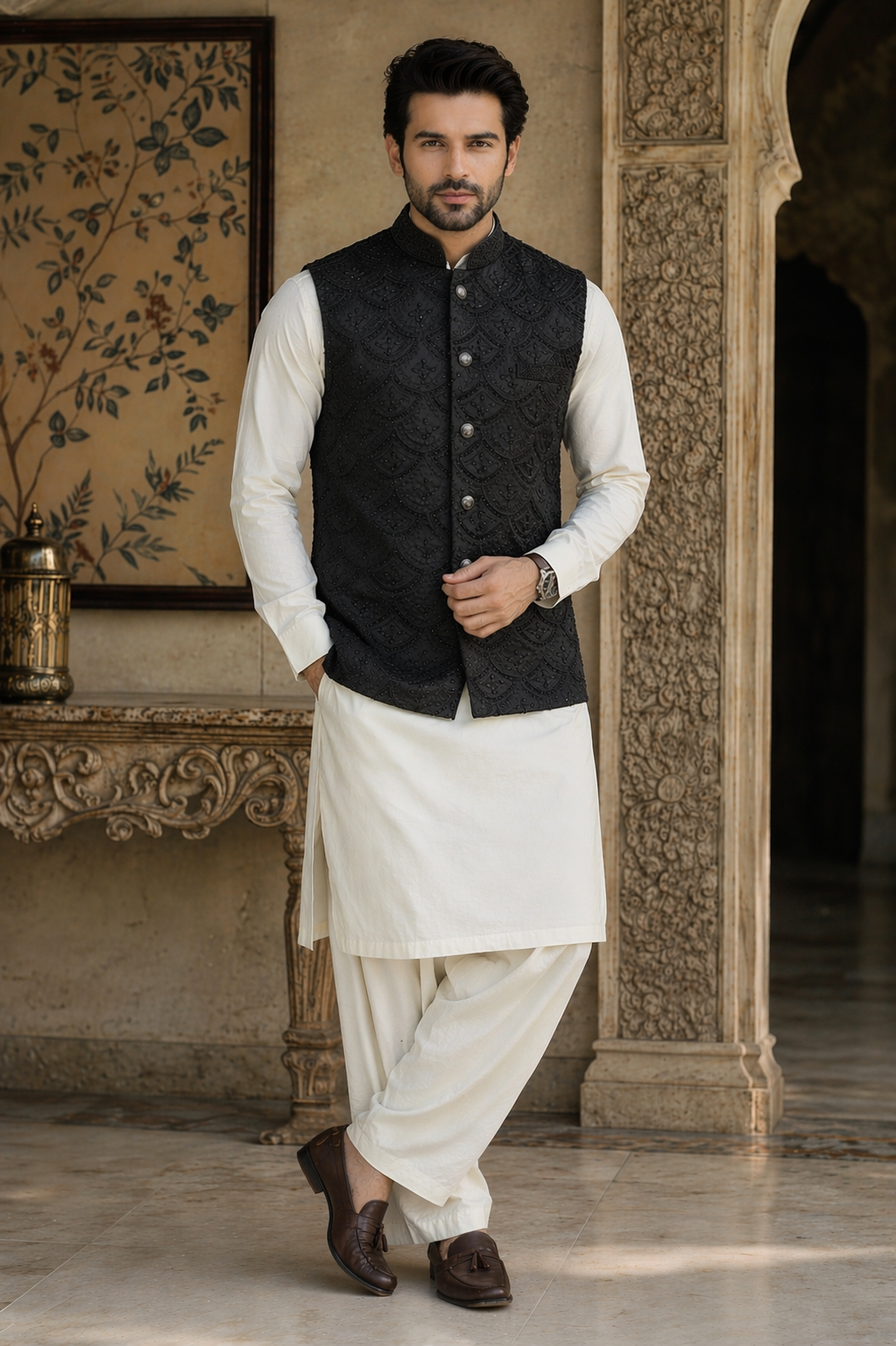 Men’s black sequin embroidered Nehru jacket Indian wedding waistcoat UK