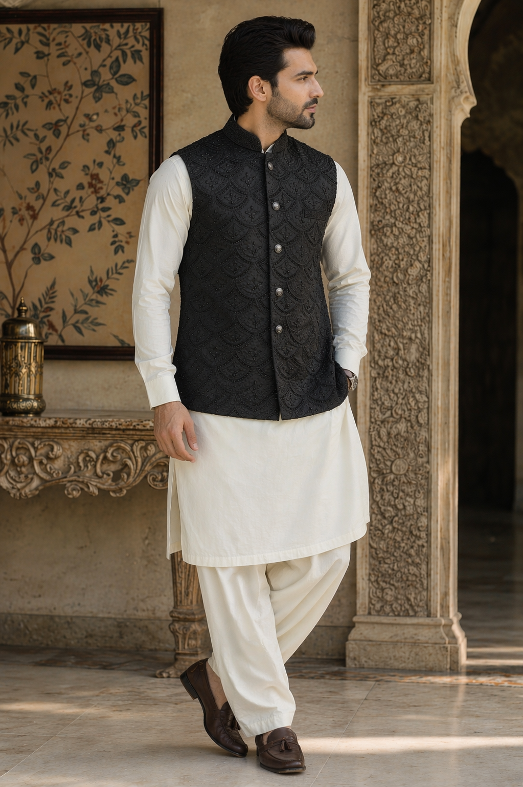 Men’s black sequin embroidered Nehru jacket Indian wedding waistcoat UK