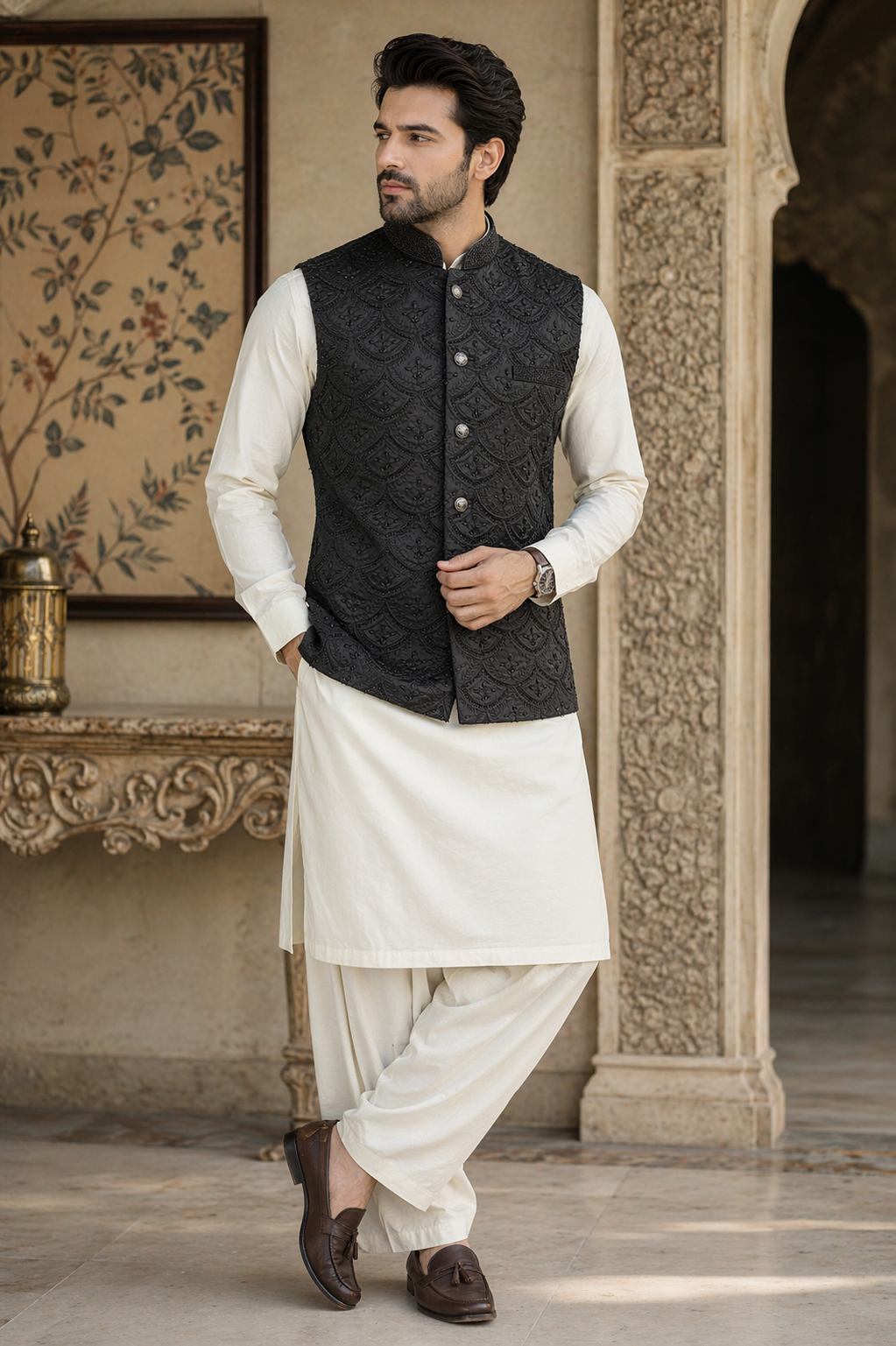 Men’s black sequin embroidered Nehru jacket Indian wedding waistcoat UK