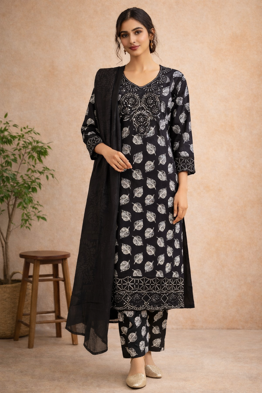 black printed floral embroidered palazzo pant suit
