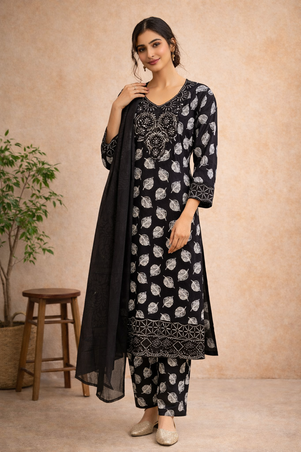 black printed floral embroidered palazzo pant suit
